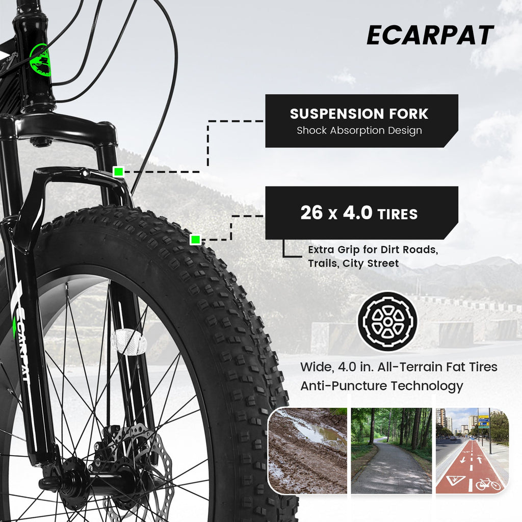 26" Elecony Fat Tire Mountain Bike - Full Shimano 21-Speed, Dual Disc Brakes & Front Suspension