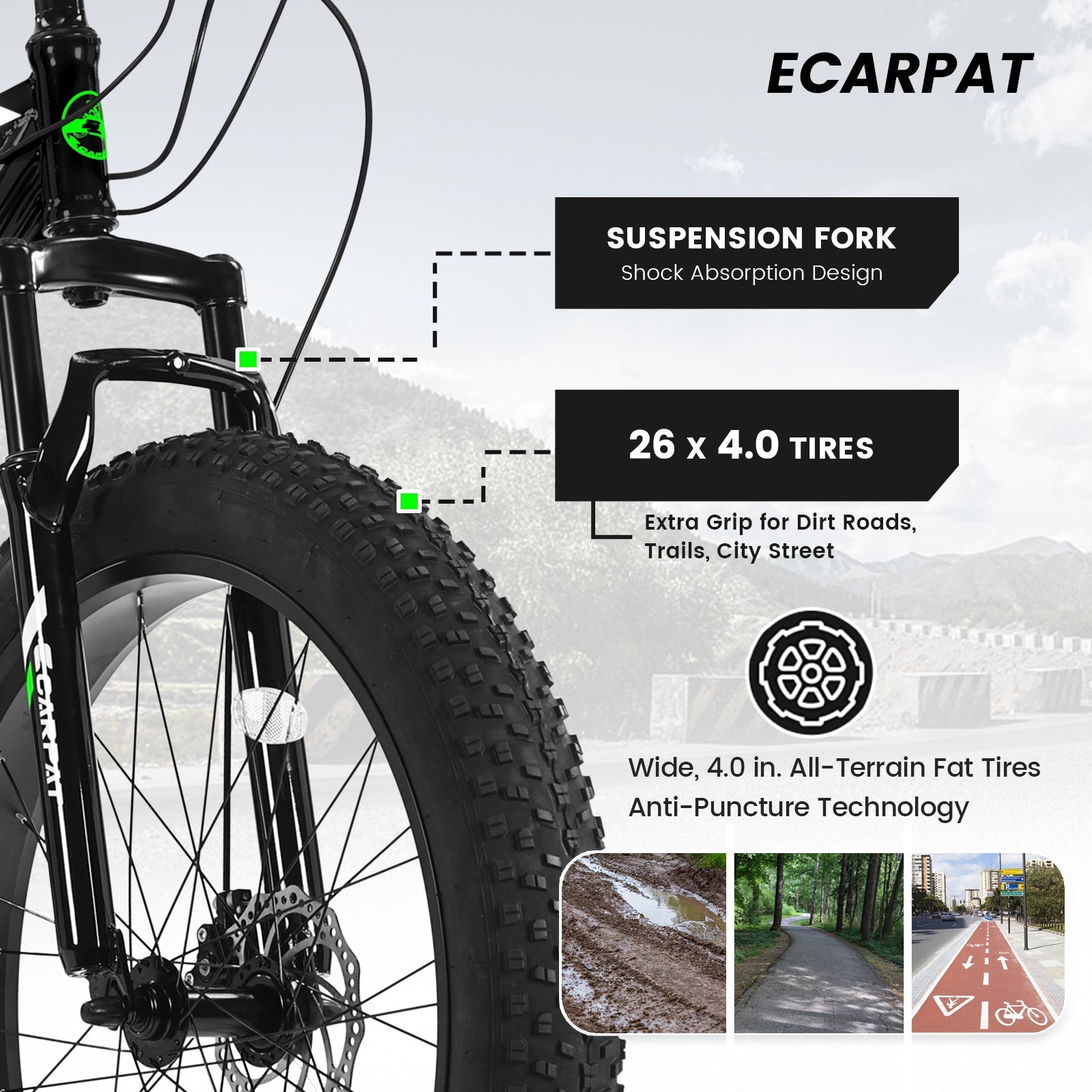 26" Elecony Fat Tire Mountain Bike - Full Shimano 21-Speed, Dual Disc Brakes & Front Suspension