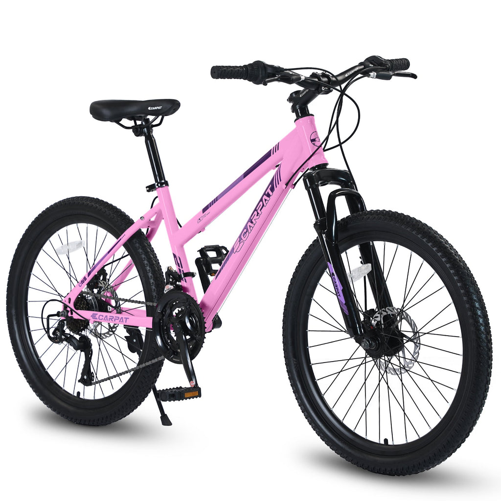 24" Women & Teen Mountain Bike (White/Pink) - Shimano 21-Speed, Dual Disc Brakes & 100mm Front Suspension