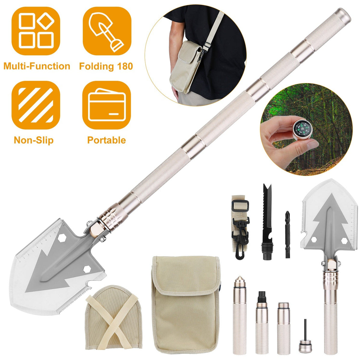 iMountek Folding Camping Shovel with Compass & Multi-Tools