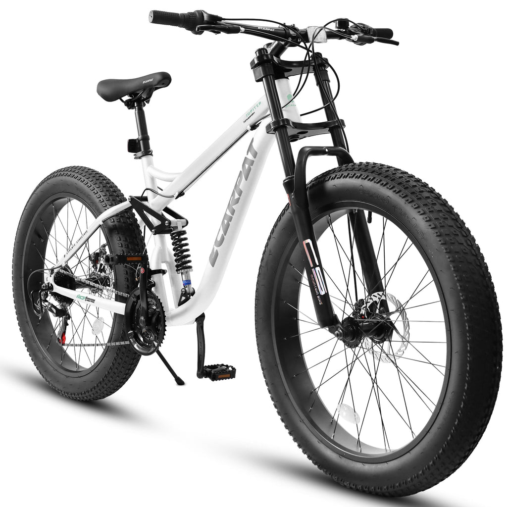 26" Men's Full-Suspension Fat Tire Mountain Bike (White) - Shimano 21-Speed & Dual Disc Brakes