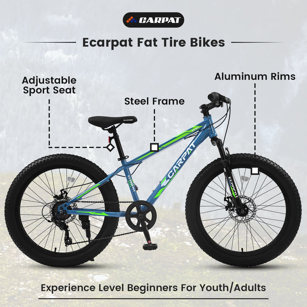 24" Elecony Youth Fat Tire Mountain Bike - Shimano 7-Speed, Dual Disc Brakes & Front Suspension