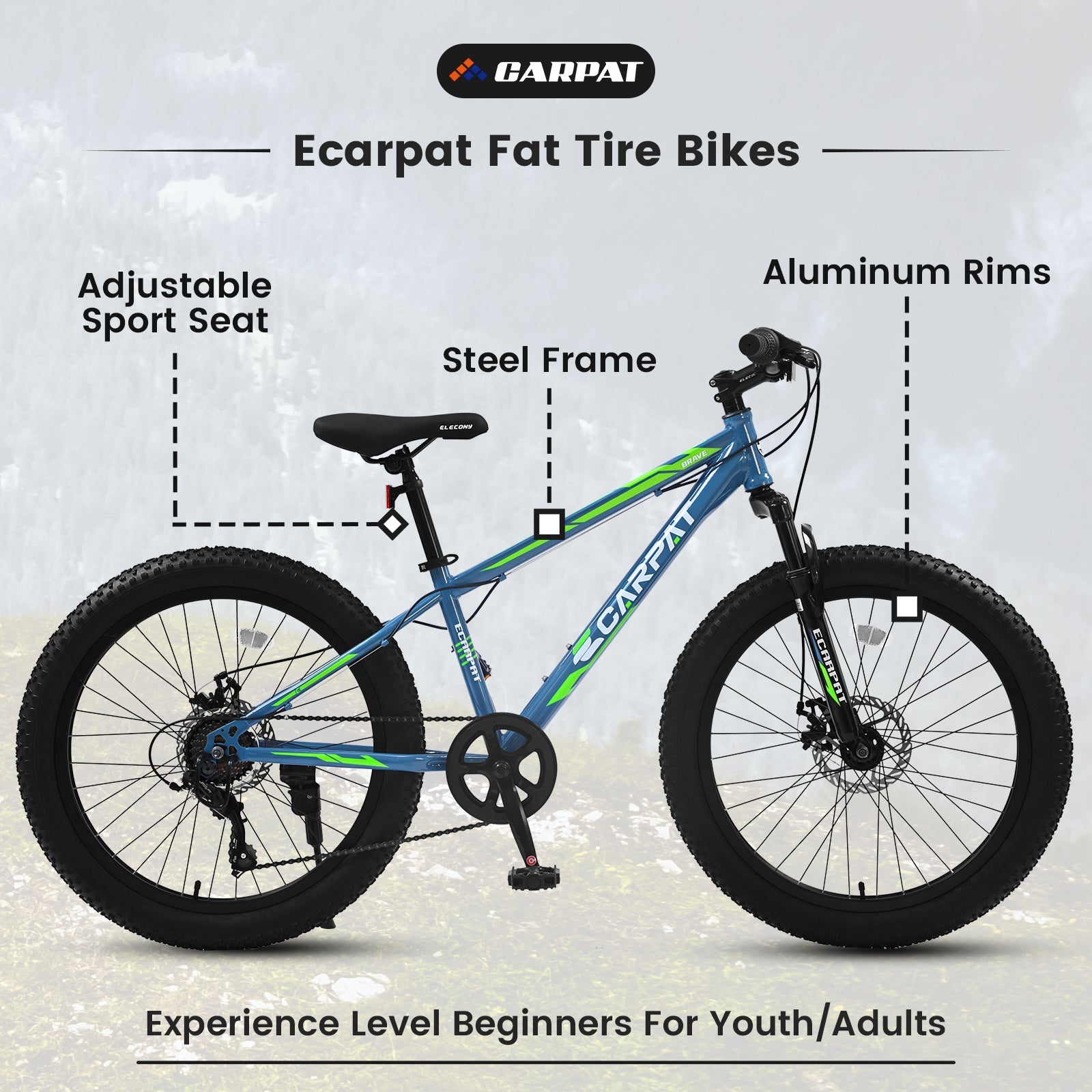 24" Elecony Youth Fat Tire Mountain Bike - Shimano 7-Speed, Dual Disc Brakes & Front Suspension