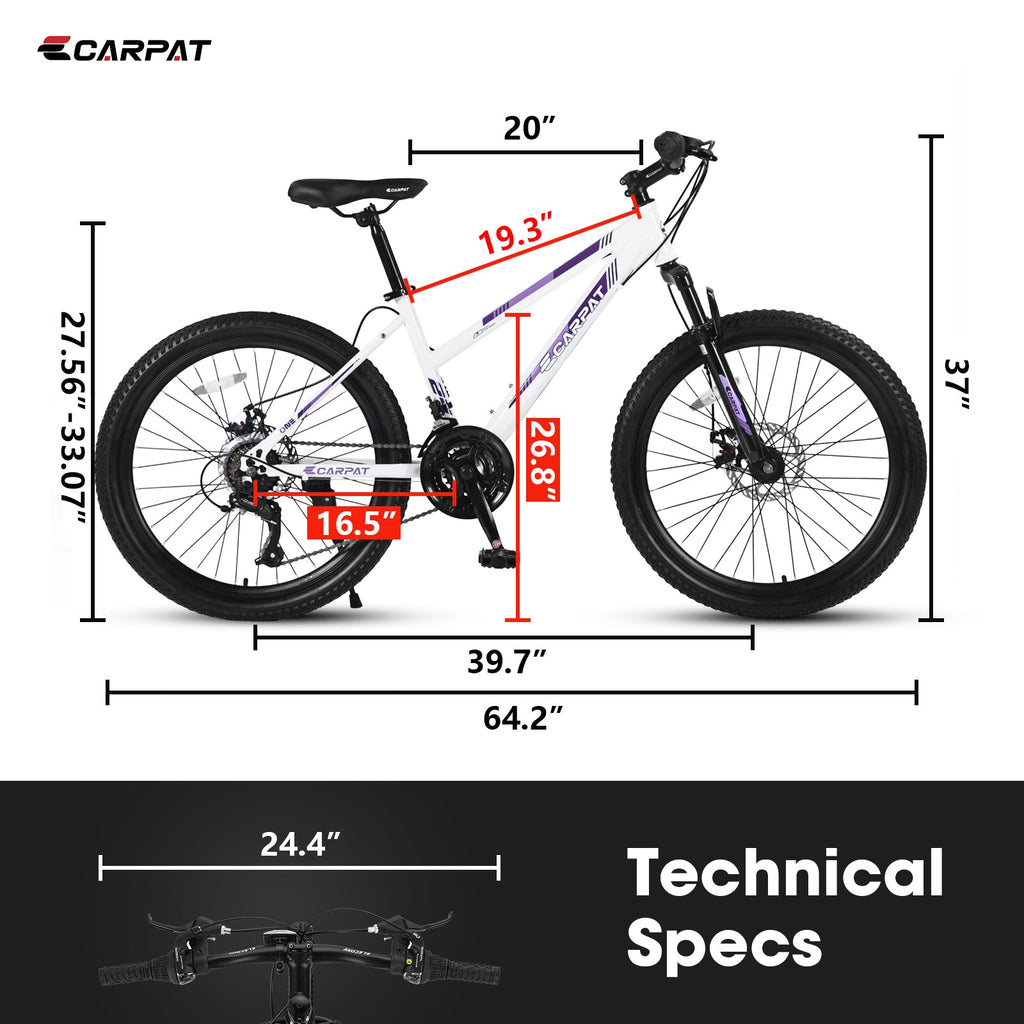 24" Women & Teen Mountain Bike (White/Pink) - Shimano 21-Speed, Dual Disc Brakes & 100mm Front Suspension