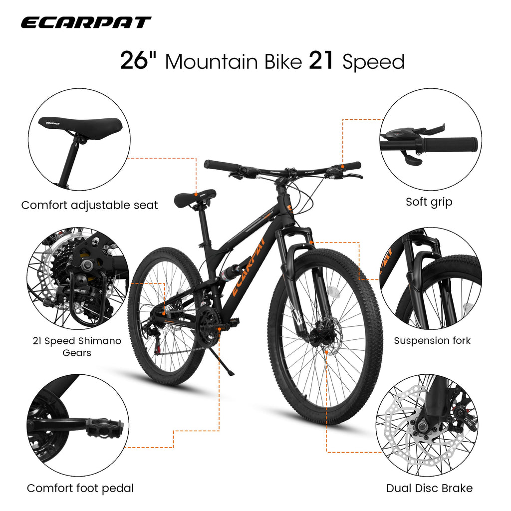 26" Adult Mountain Bike (Black) - 21-Speed, Dual Suspension & Disc Brakes
