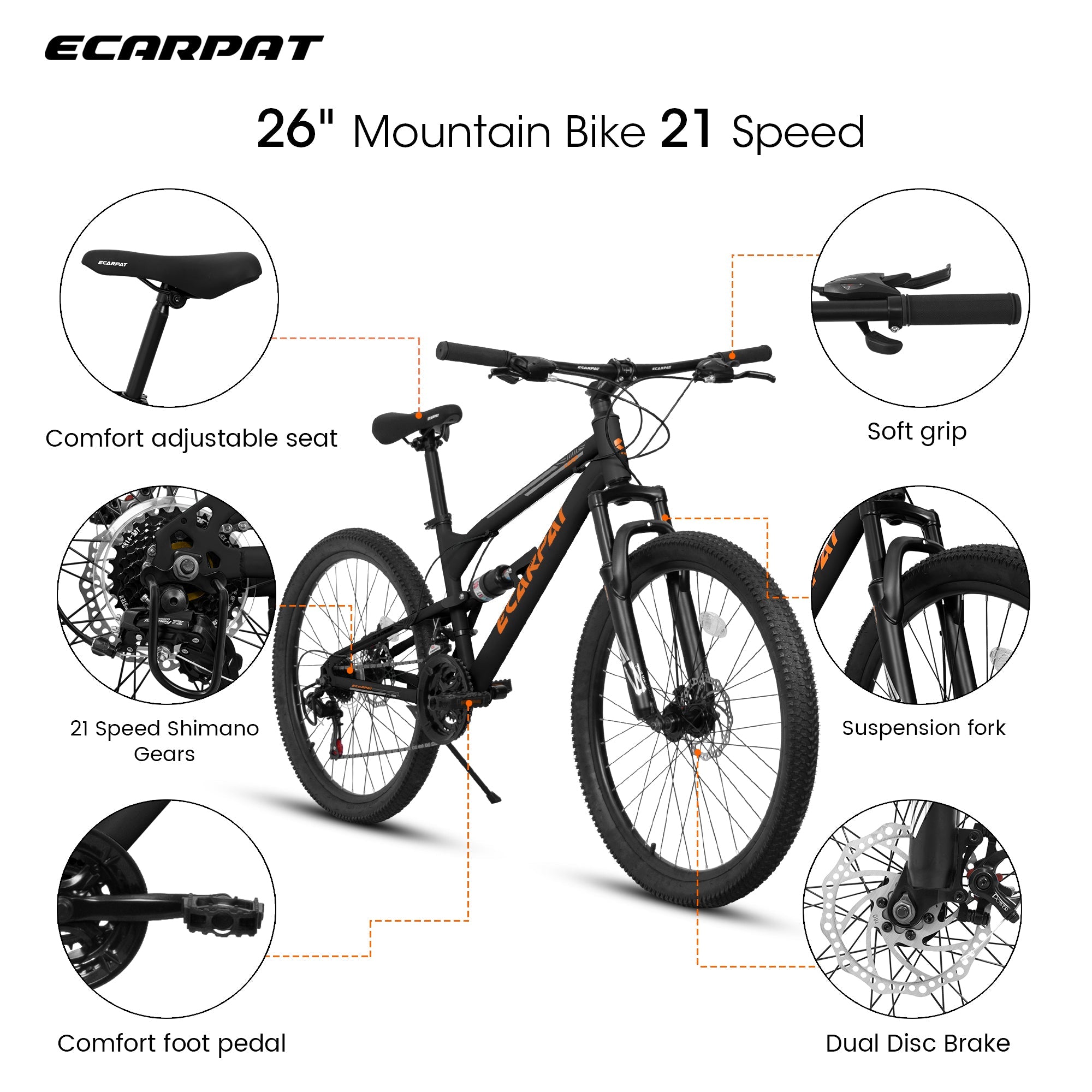 26" Adult Mountain Bike (Black) - 21-Speed, Dual Suspension & Disc Brakes