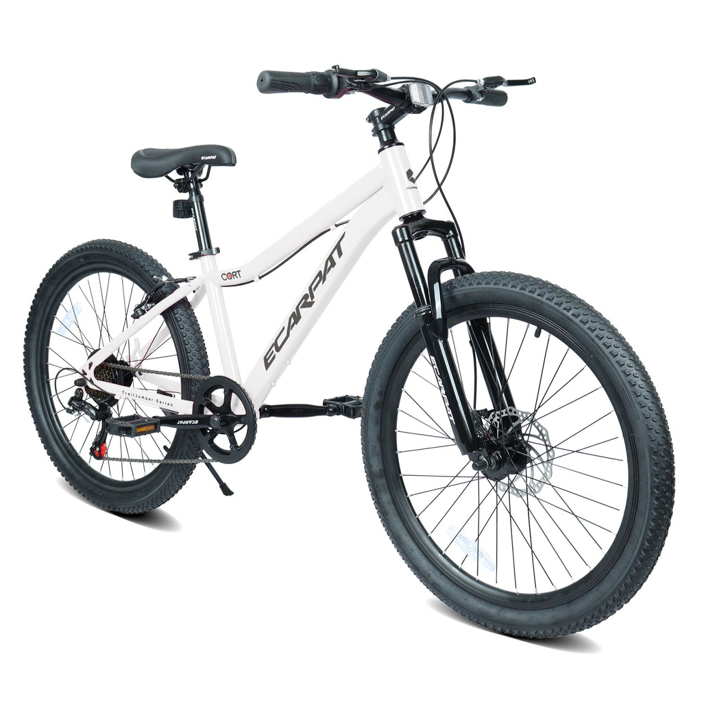24" Youth Mountain Bike (White) - 7-Speed, Front Suspension & Hybrid Brakes
