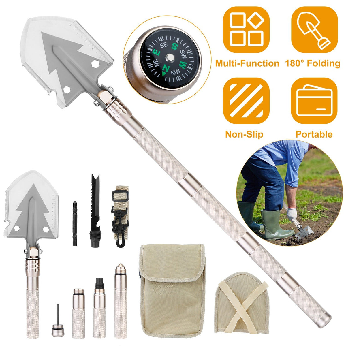 iMountek Folding Camping Shovel with Compass & Multi-Tools