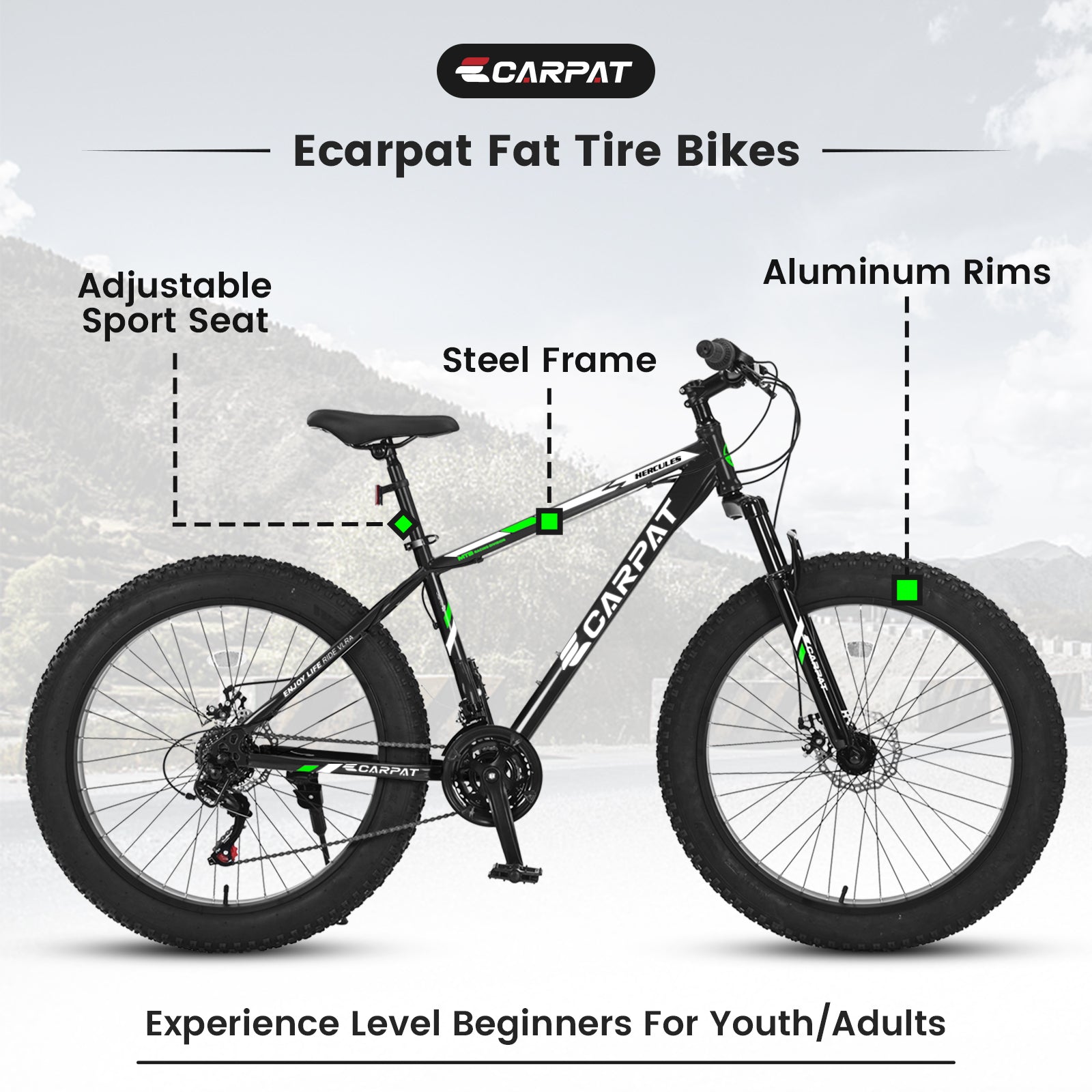 26" Elecony Fat Tire Mountain Bike - Full Shimano 21-Speed, Dual Disc Brakes & Front Suspension