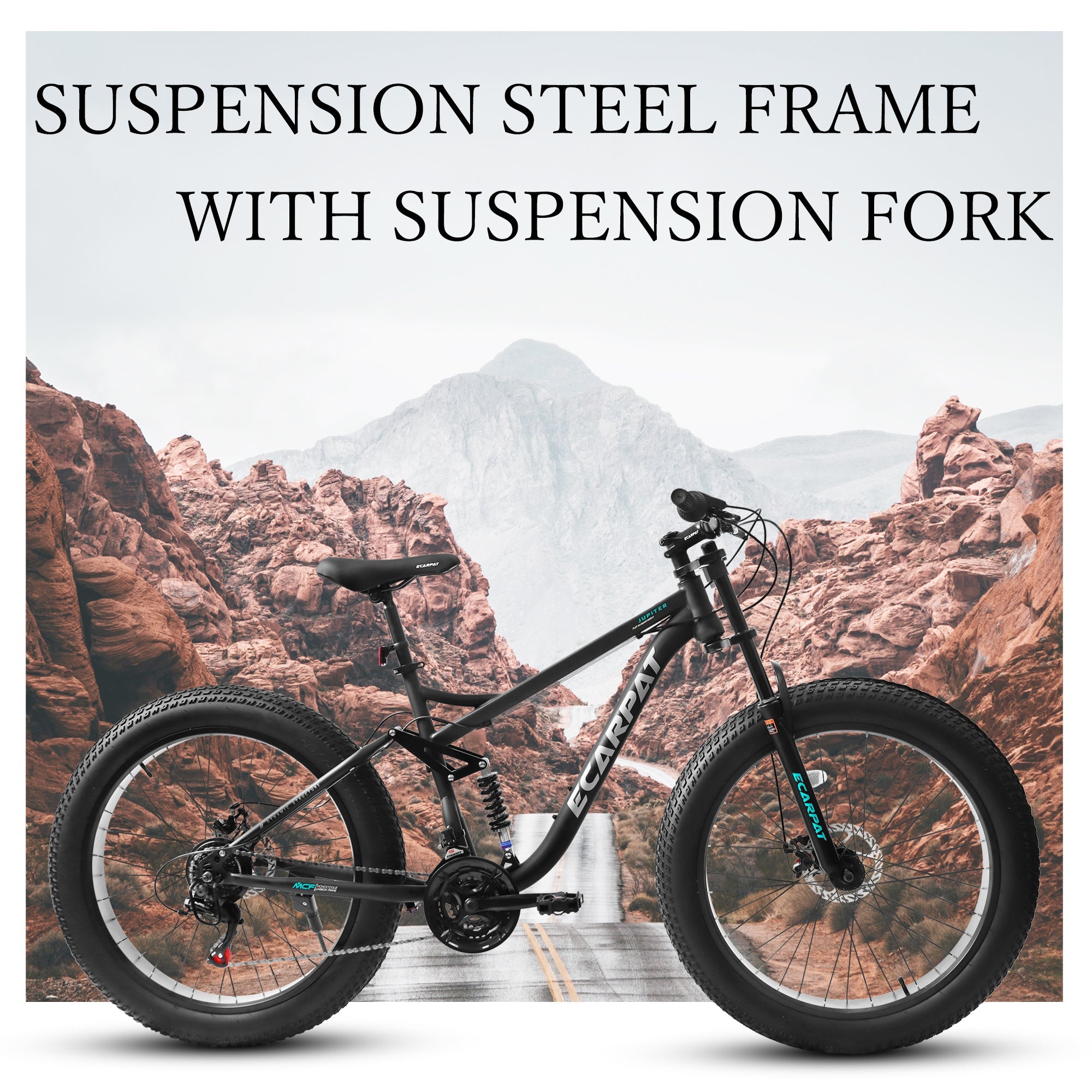 26" Adult Fat Tire Mountain Bike - Full Suspension, Shimano 21-Speed & Dual Disc Brakes