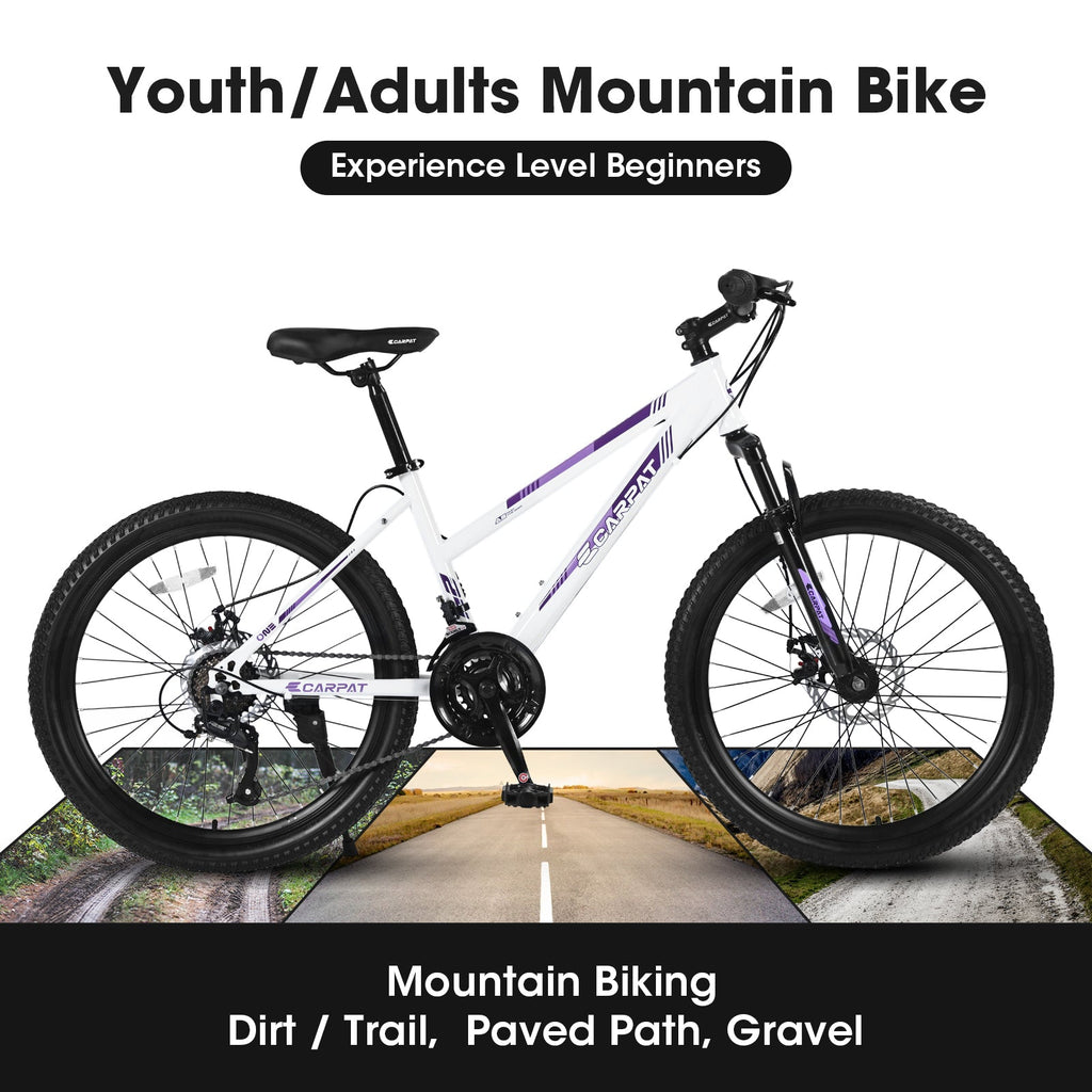 24" Women & Teen Mountain Bike (White/Pink) - Shimano 21-Speed, Dual Disc Brakes & 100mm Front Suspension