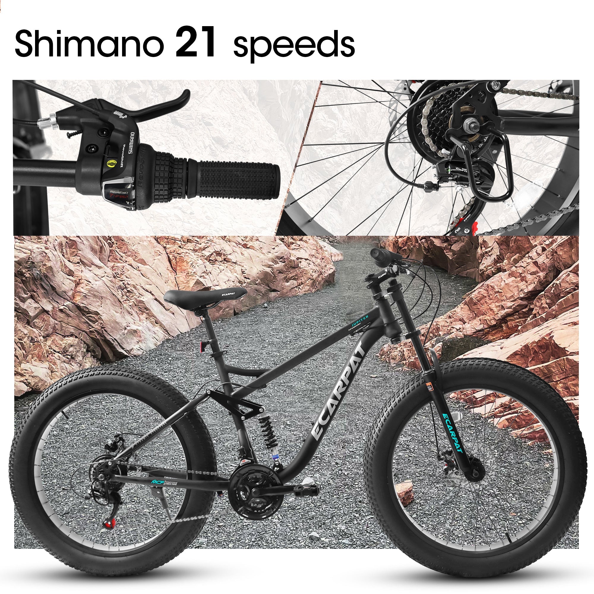 26" Adult Fat Tire Mountain Bike - Full Suspension, Shimano 21-Speed & Dual Disc Brakes