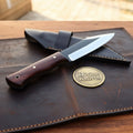Rosewood Handle Drop Point Knife with Satin Blade and Cross Draw Leather Sheath