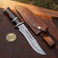 Walnut Handle Clip Point Bowie Knife with Fullered Layered Blade and Tooled Leather Sheath