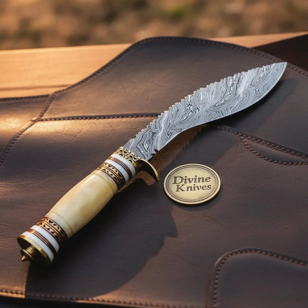 Damascus Stacked Bone Kukri with Layered Curved Blade