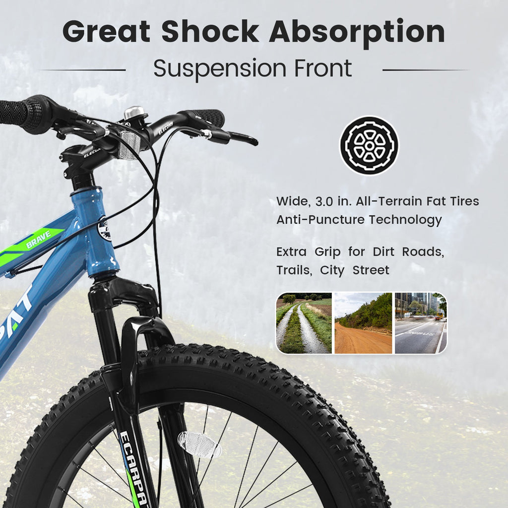 24" Elecony Youth Fat Tire Mountain Bike - Shimano 7-Speed, Dual Disc Brakes & Front Suspension