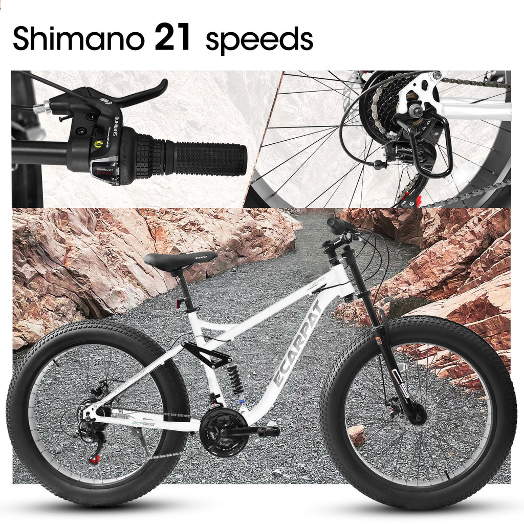 26" Men's Full-Suspension Fat Tire Mountain Bike (White) - Shimano 21-Speed & Dual Disc Brakes