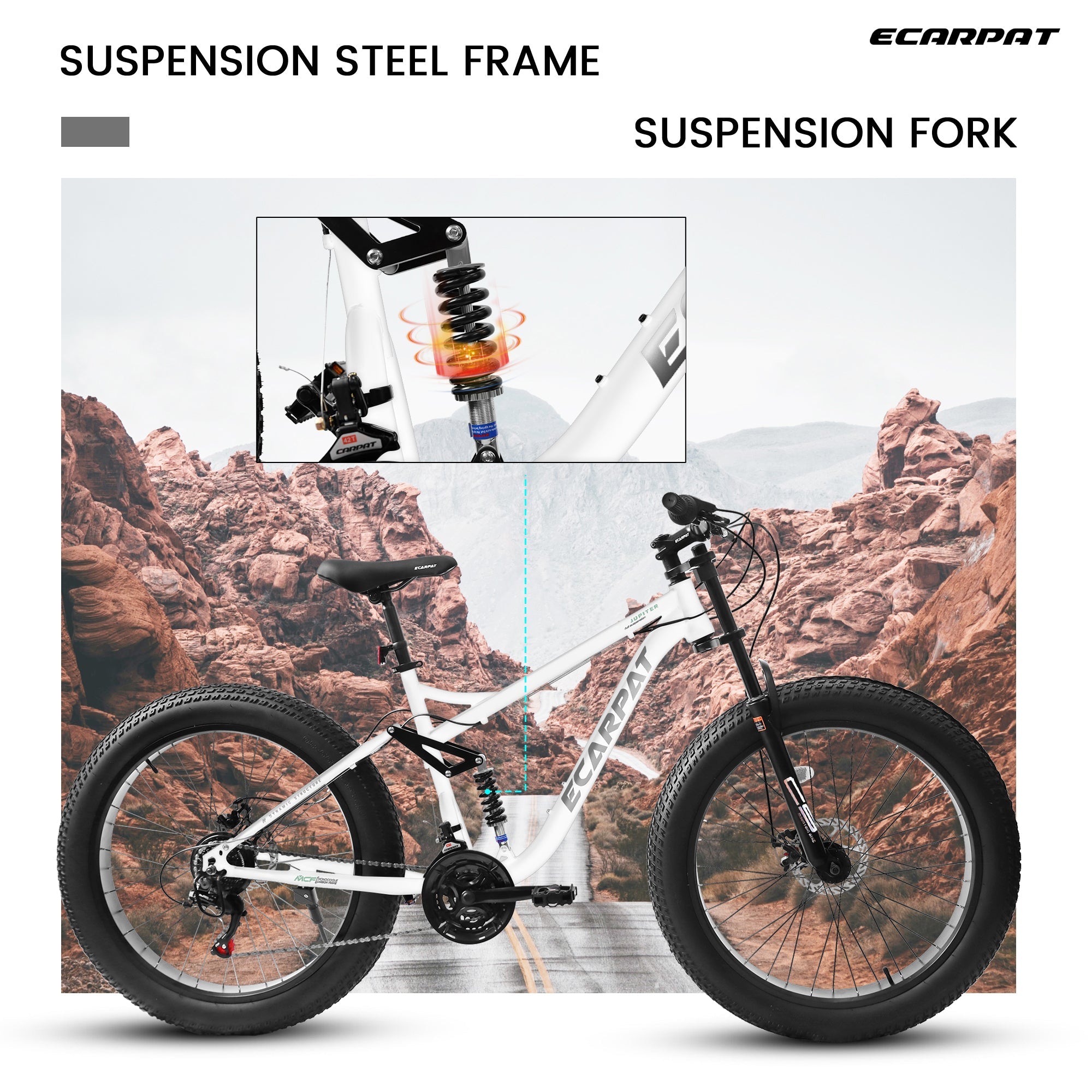 26" Men's Full-Suspension Fat Tire Mountain Bike (White) - Shimano 21-Speed & Dual Disc Brakes