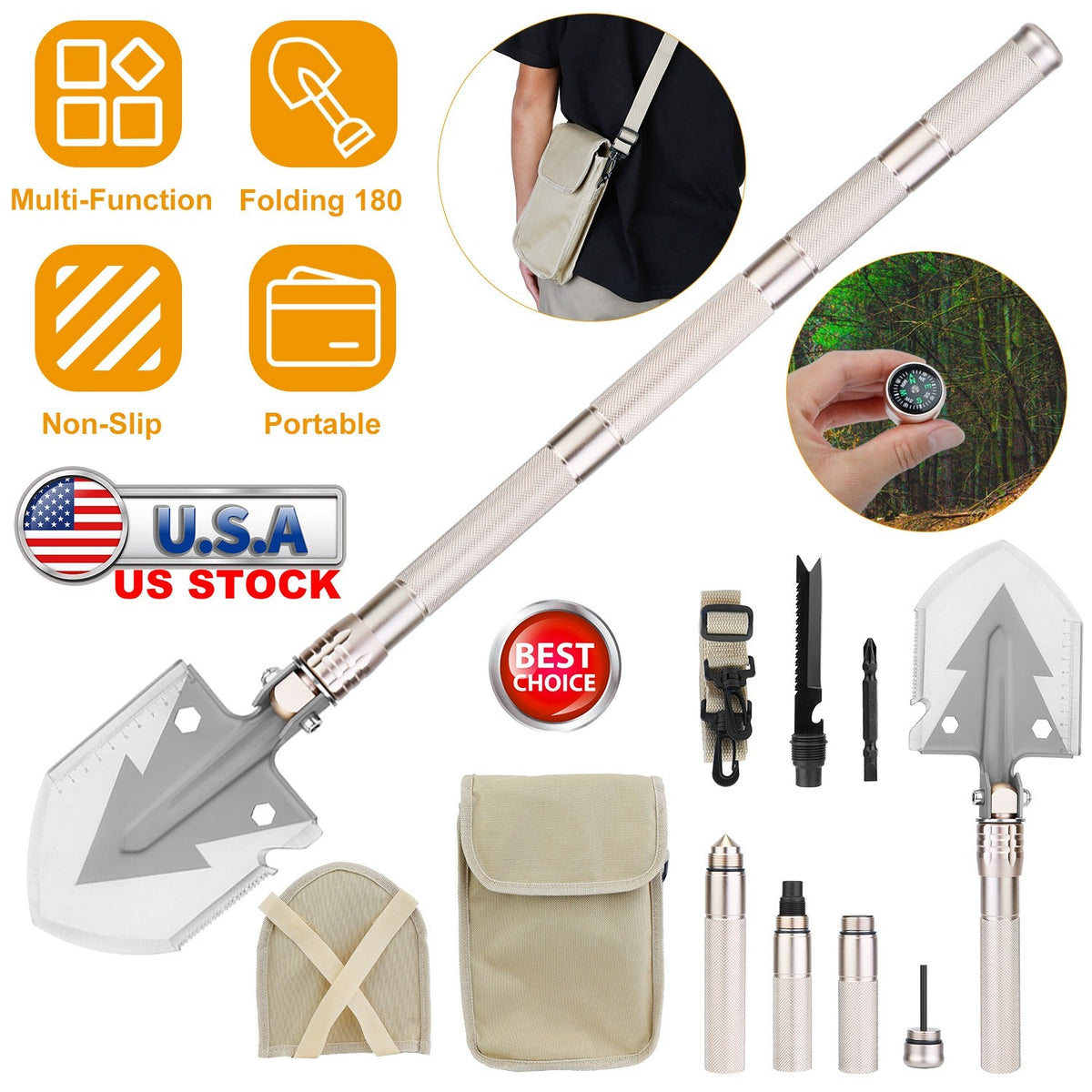 iMountek Folding Camping Shovel with Compass & Multi-Tools